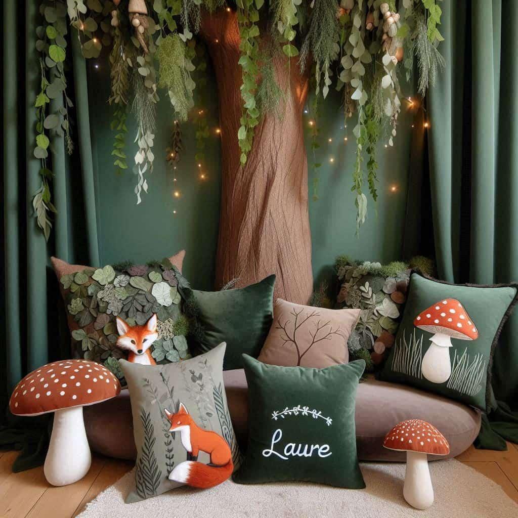 Espace de lecture foret enchantee pour une petite fille prenommee laure coussins en forme de champignon arbre en decoration