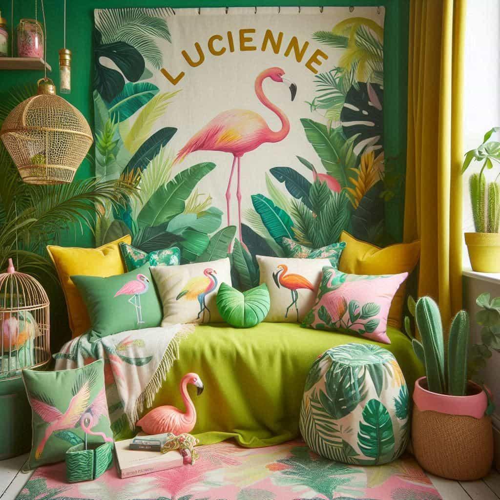Espace de lecture inspire de la jungle tropicale avec des tons de verts de jaunes et de rose des coussins en forme de flamant rose et de perroquet et le prenom lucienne