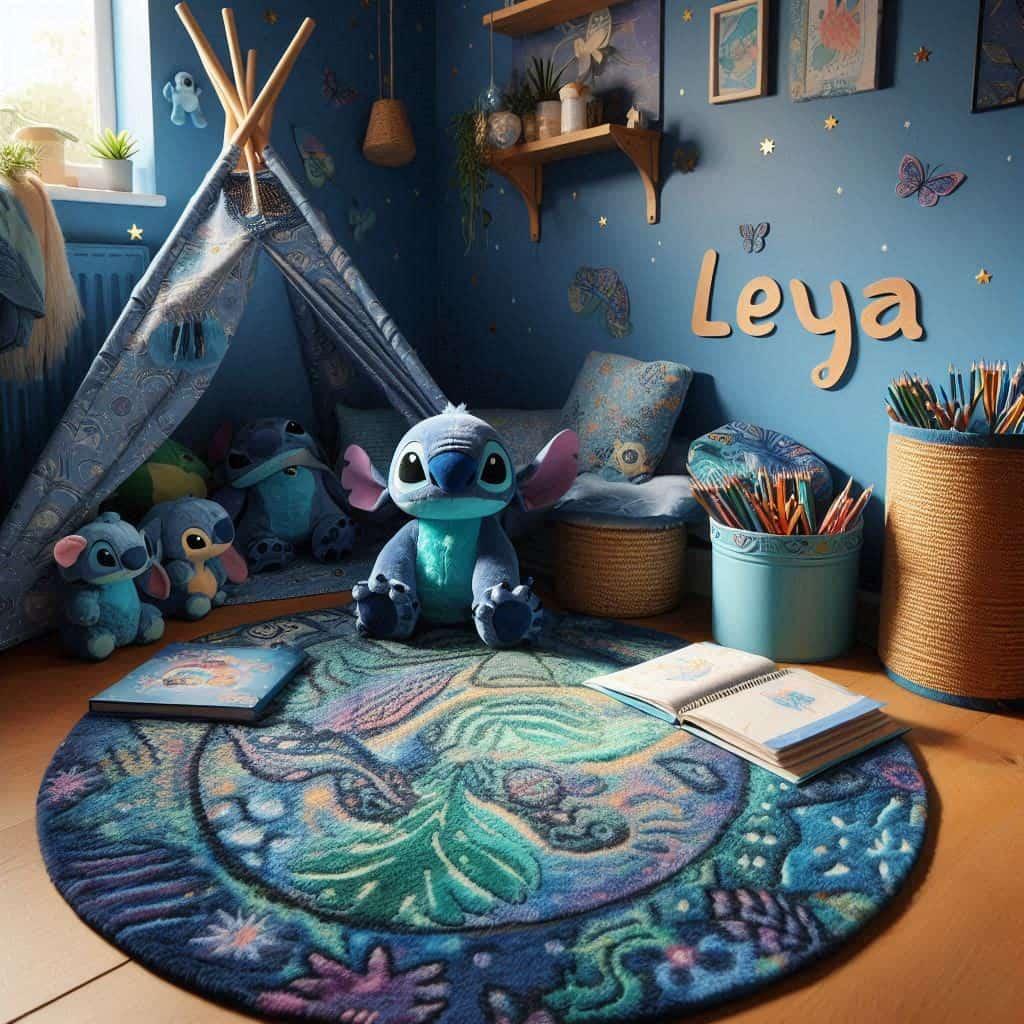 Espace de lecture theme dessin anime stitch prenom leya ecrit sur le mur en lettres en bois