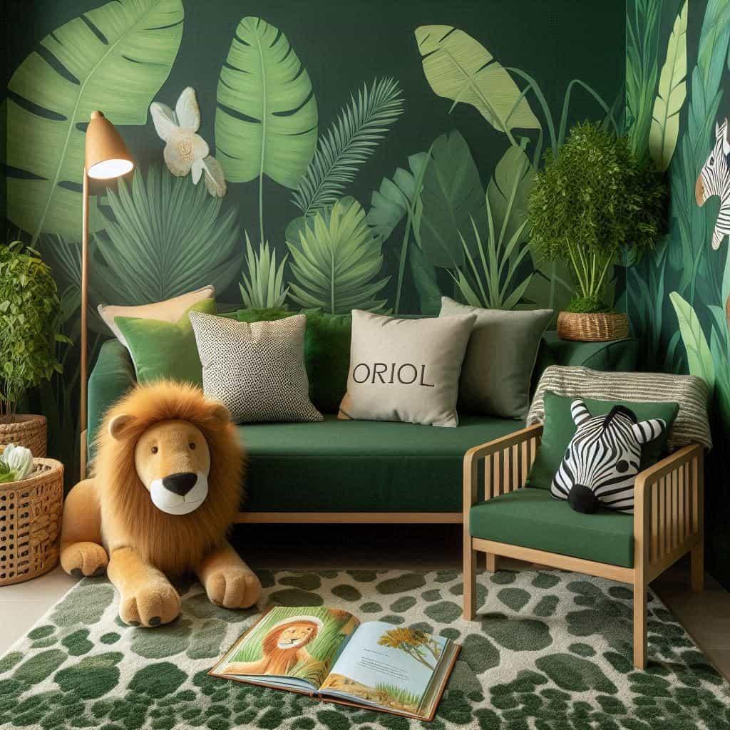 Espace lecture pour enfant avec canape coussins et livres sur la jungle ambiance vegetation luxuriante en tons verts personnalise au prenom oriol