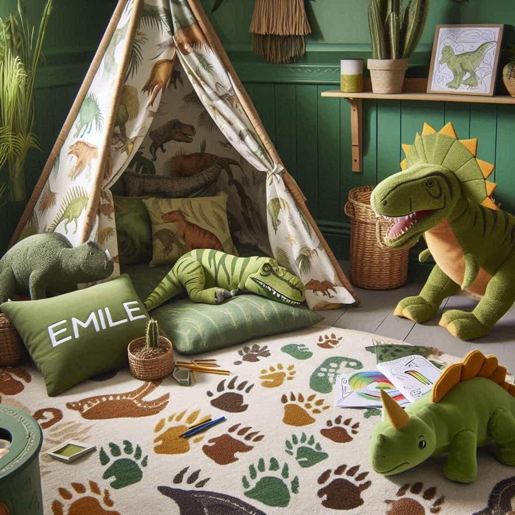 Espace lecture pour enfant decore sur le theme des dinosaures avec des tons verts bruns et jaunes rappelant la prehistoire un tapis doux a motifs d empreintes peluches de t rex et