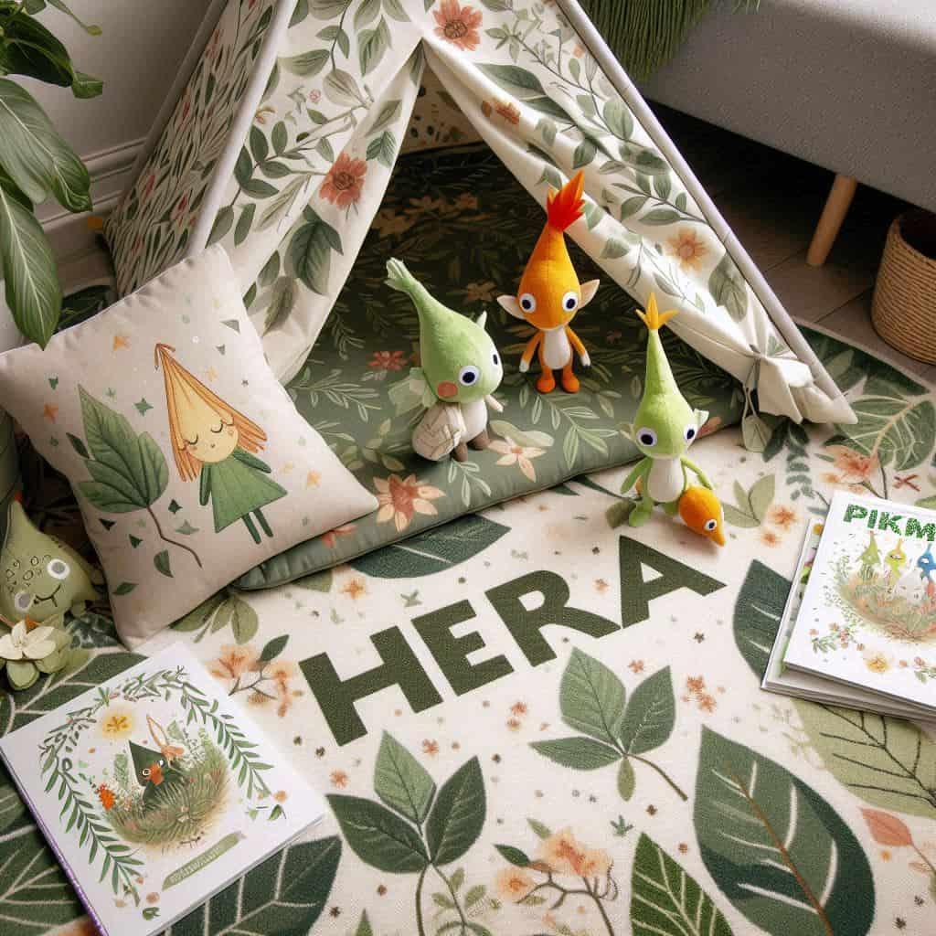 Espace ludique personnalise pour hera avec tapis forestier a motifs feuilles tipi cosy brode hera peluches pikmin livres et coussins colores pour une ambiance magique