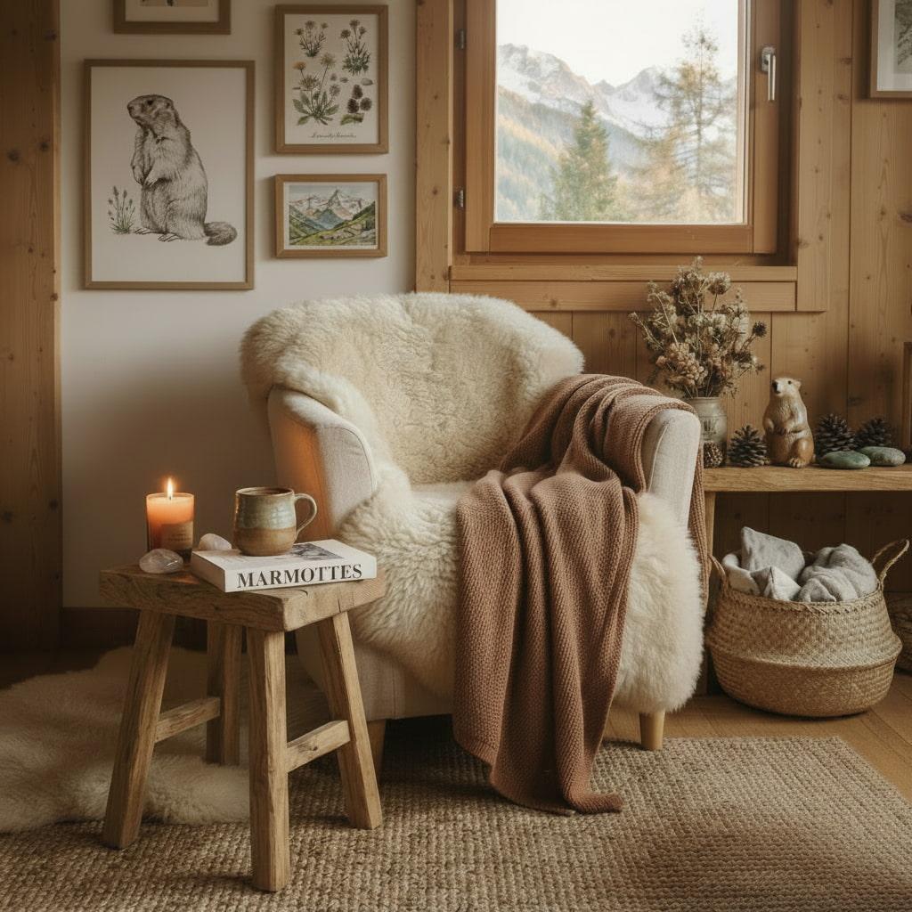 Fauteuil confortable dans un chalet de montagne decore sur le theme de la marmotte avec une peau de mouton une couverture en laine des illustrations alpines et une ambiance chaleur