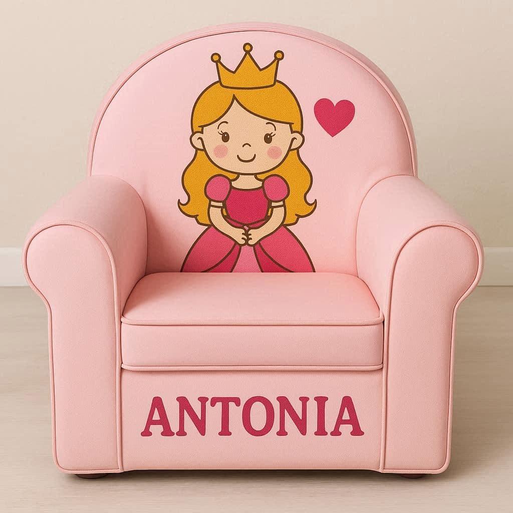Fauteuil princesse pour enfant couleur rose personnalise avec le prenom antonia