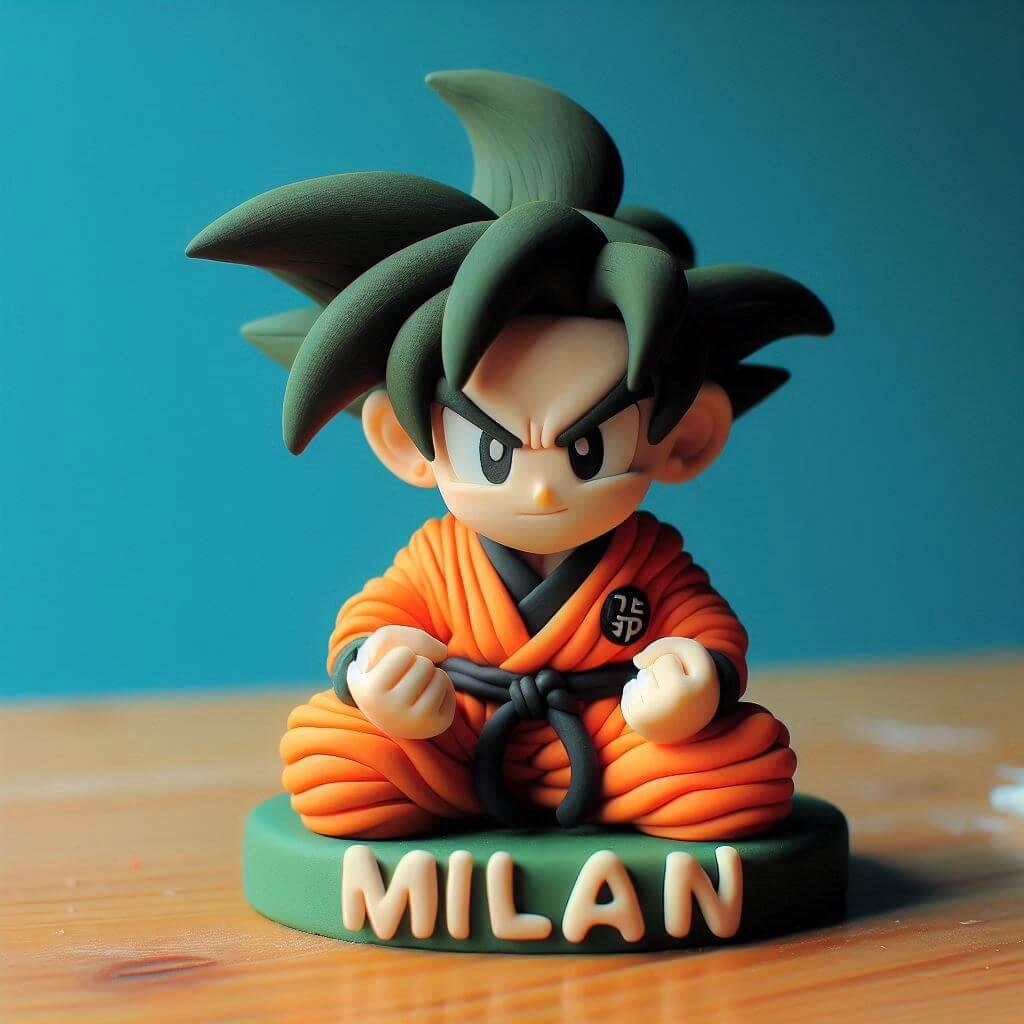 Figurine en fimo d un personnage de songoku personnalise avec le prenom milan