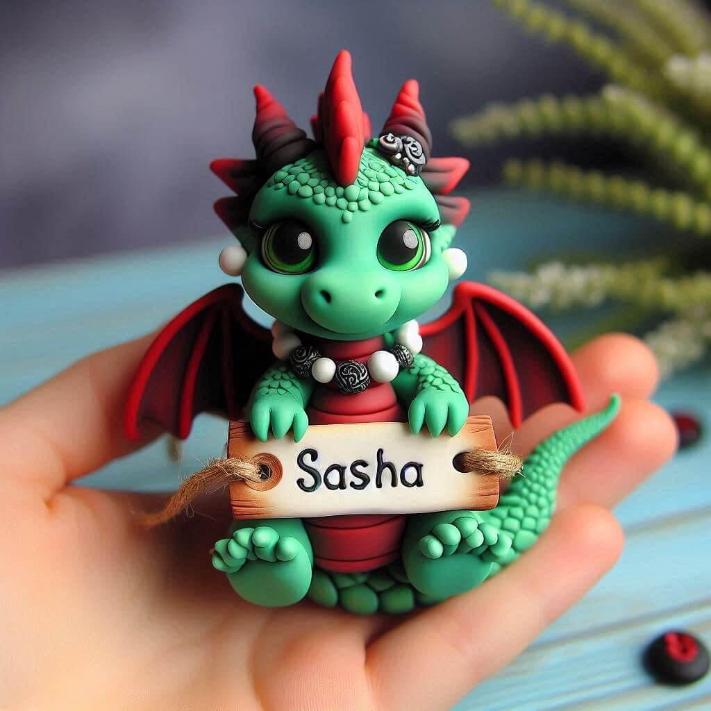 Figurine en fimo d un petit dragon personnalisee avec le prenom sasha