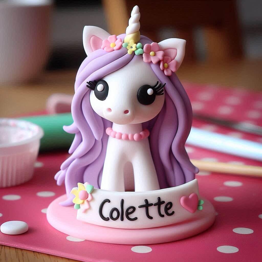 Figurine en fimo d une licorne personnalise avec le prenom colette