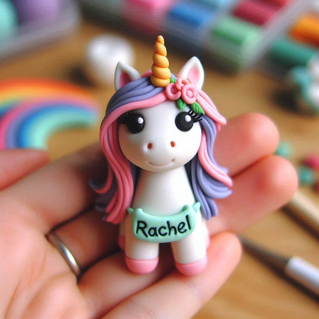 Figurine en fimo d une licorne personnalisee avec le prenom rachel