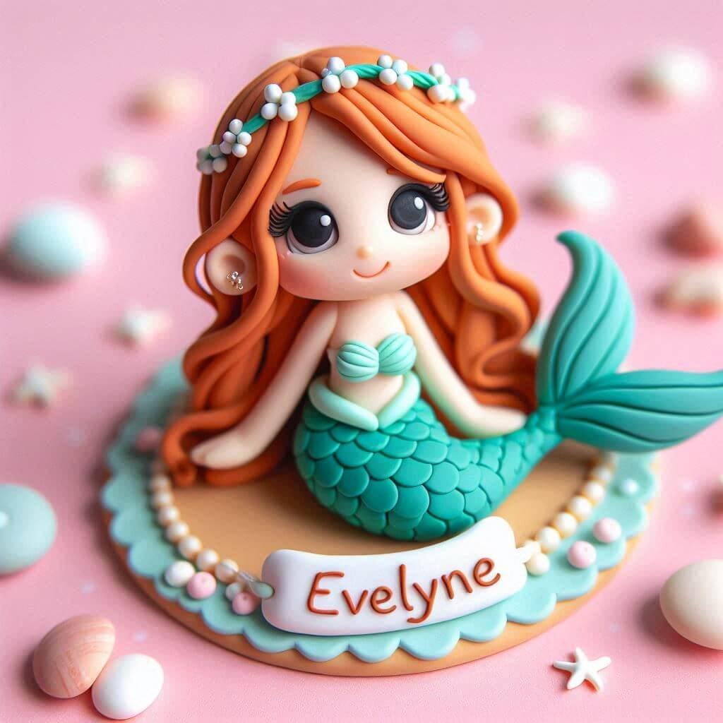 Figurine en fimo d une petite sirene personnalise avec le prenom evelyne