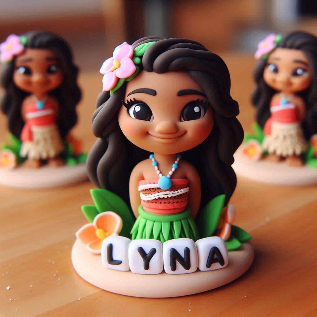 Figurine en fimo vaiana du dessin anime personnalise avec le prenom lyna