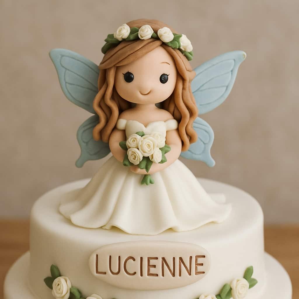 Figurine fee en fimo personnalisee avec le prenom lucienne sur un gateau de mariage