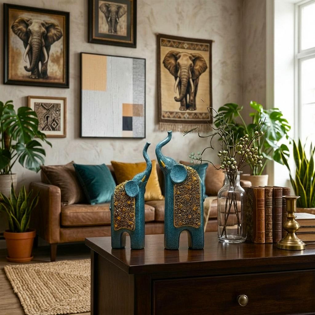Figurines elephants dans un salon decoration elephant