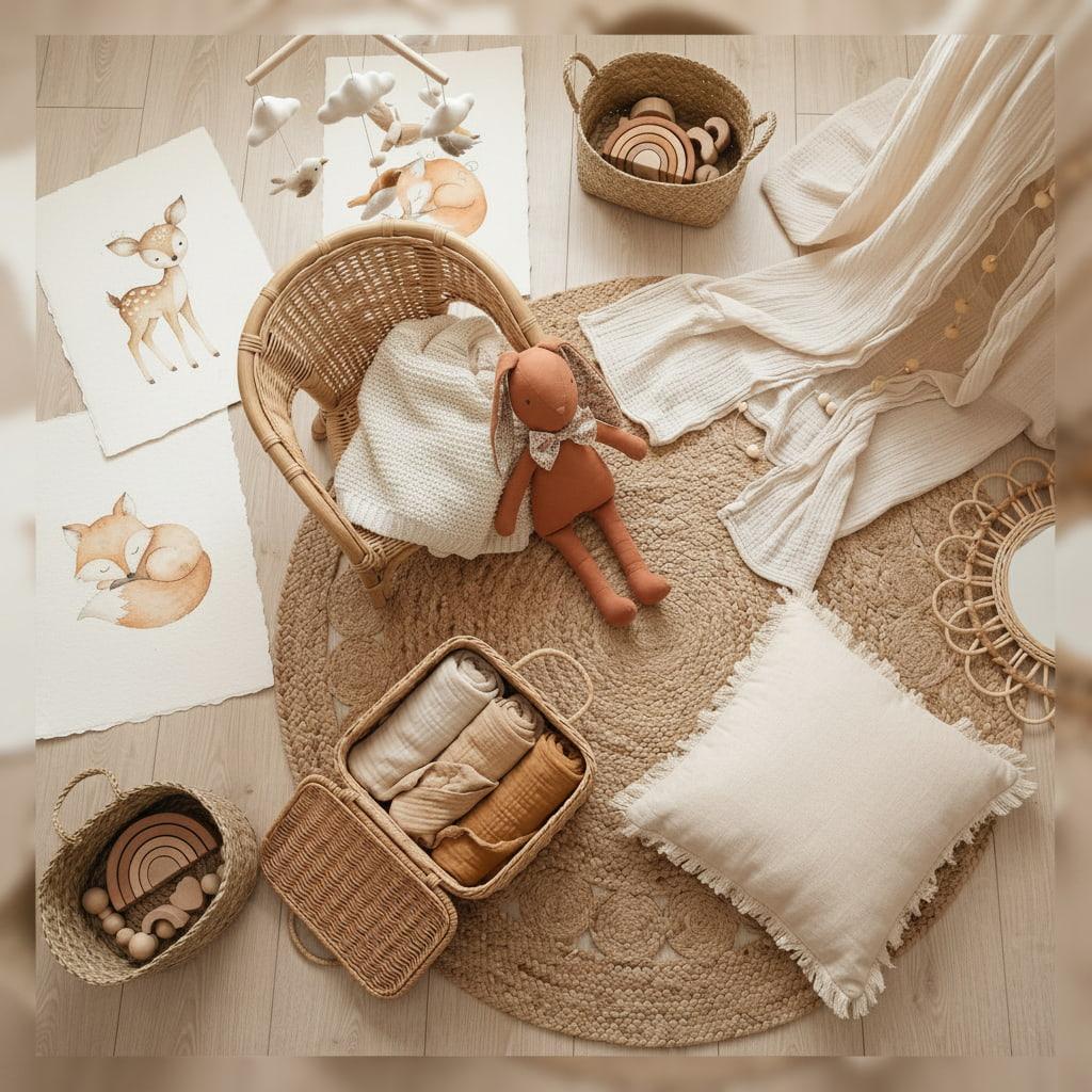 Flat lay chambre enfant boheme avec mobilier en rotin textiles en lin ecru coussin terracotta et illustrations animalieres aquarelle