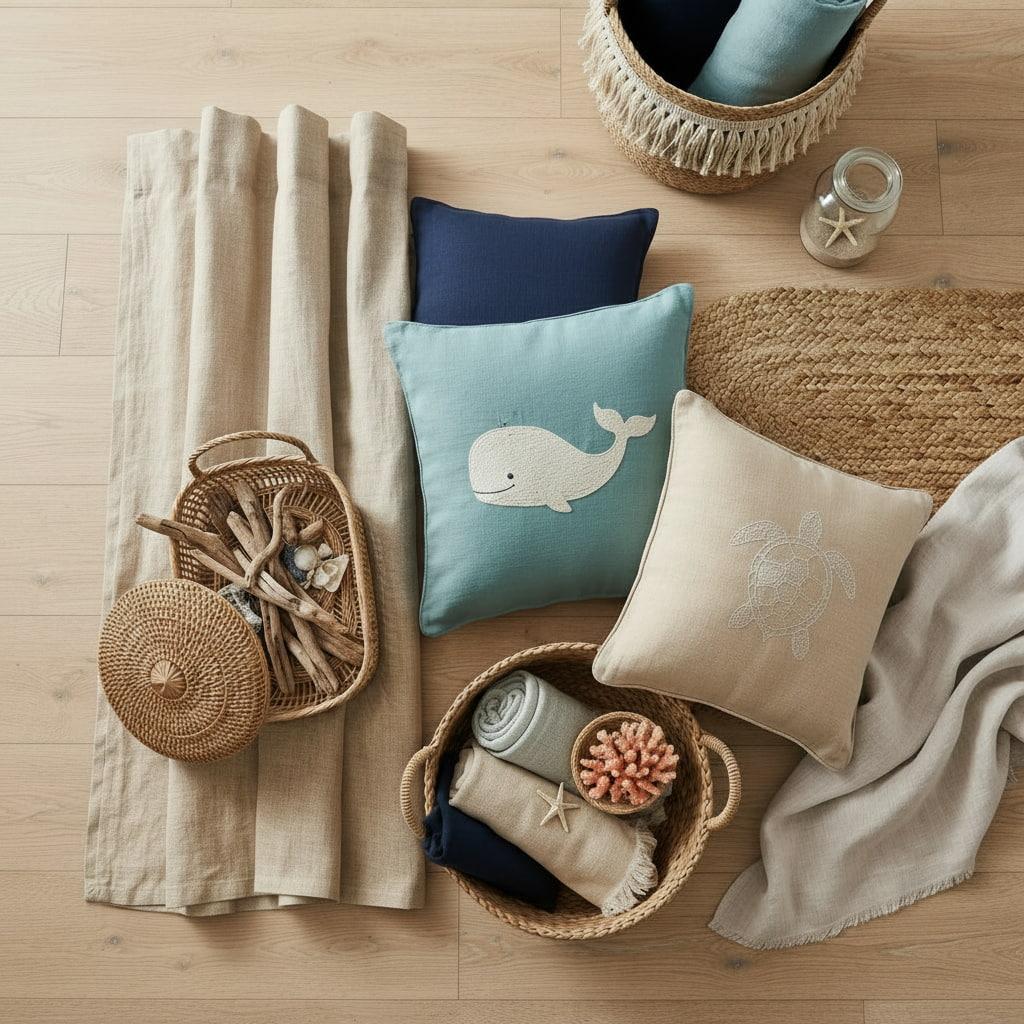 Flat lay decoration chambre bebe esprit bord de mer coussins baleine et tortue paniers en rotin bois flotte et textiles en lin teintes sable et bleu lagon 1