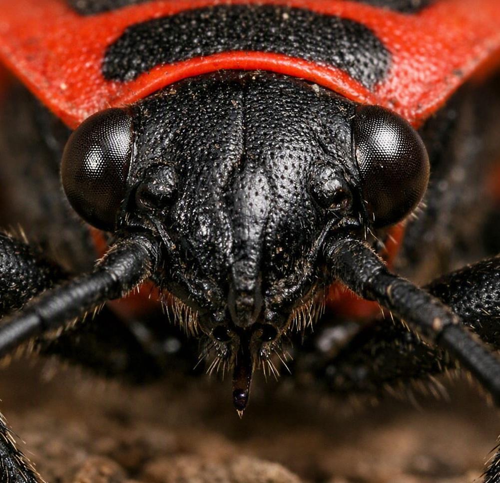 Gros plan realiste sur la tete d un gendarme insecte rouge et noir details des yeux et antennes
