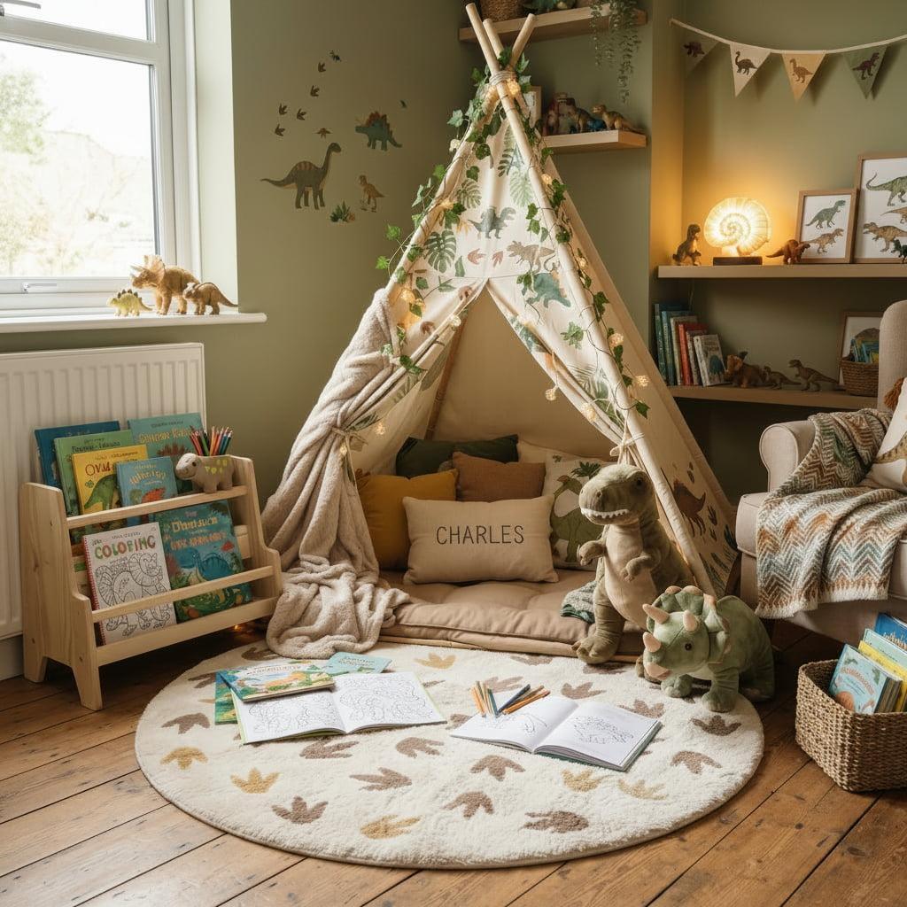 Idee decoration chambre de garcon theme dinosaures avec tipi et coussin charles
