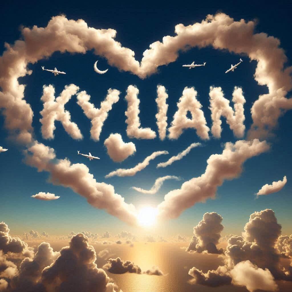 Illustration du prenom kylian ecrit dans le ciel dans un coeur