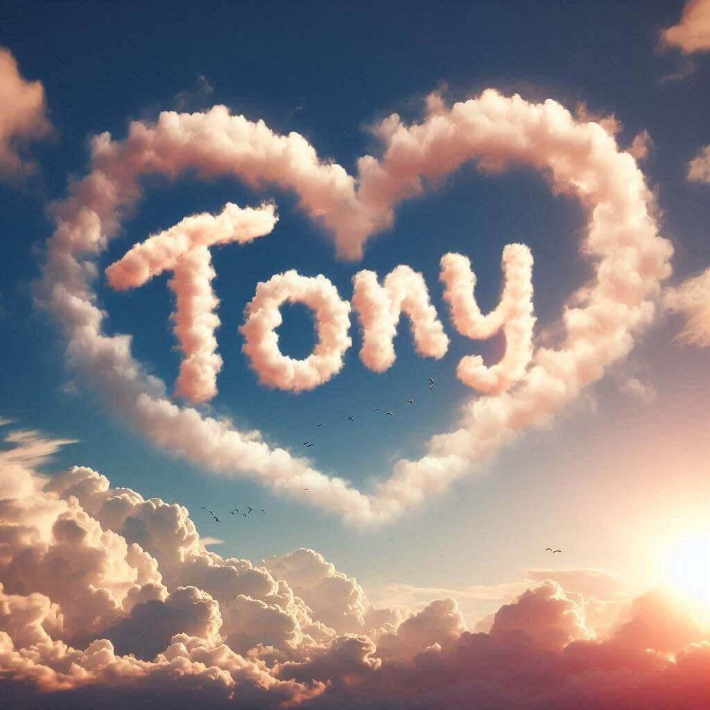 Illustration du prenom tony ecrit avec les nuages dans un coeur dans le ciel