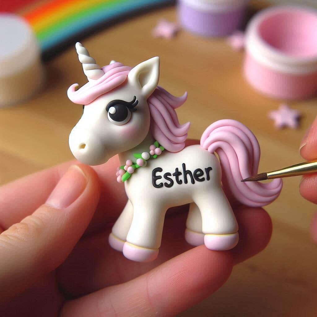 Image d une figurine en fimo d une licorne personnalisee avec le prenom esther