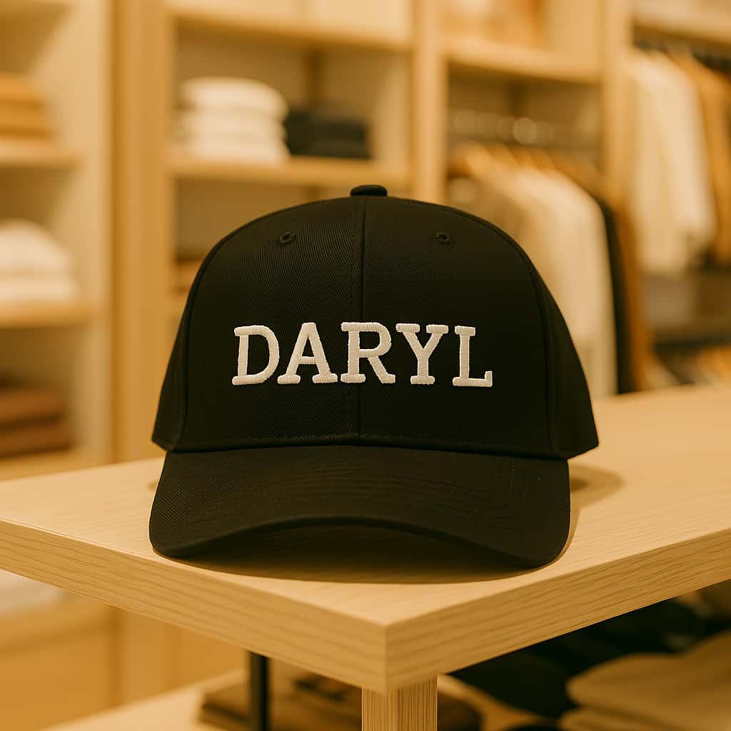 Image format carre lumineuse une casquette noire avec le prenom daryl dans un magasin