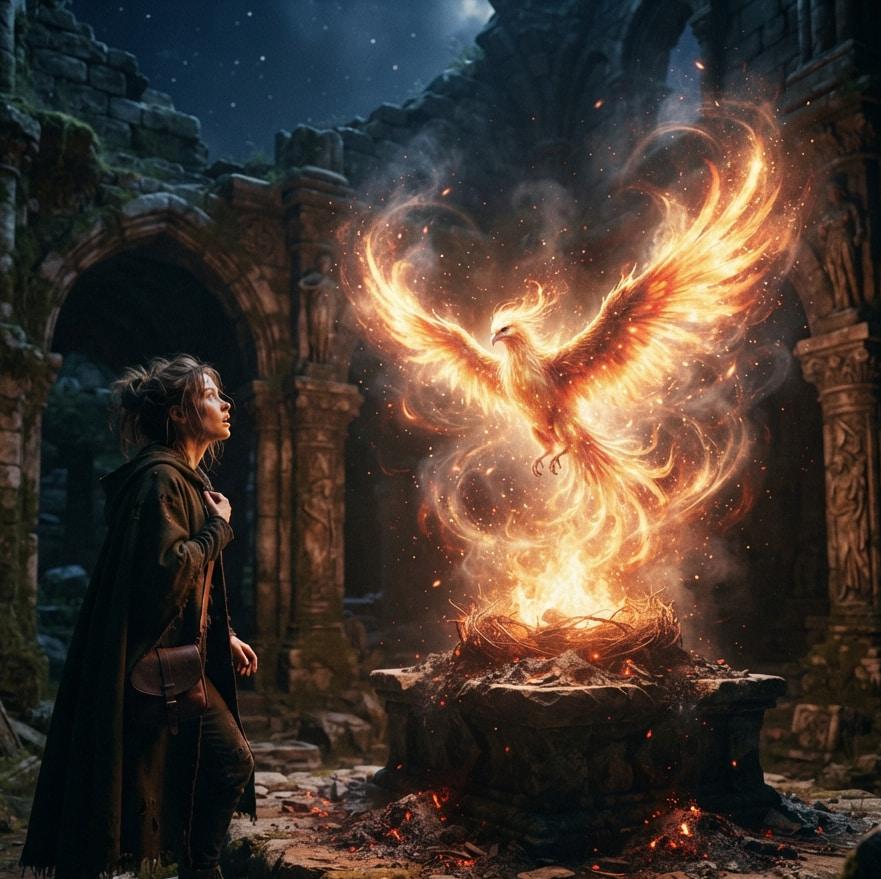 Jeune femme emerveillee face a un phenix flamboyant renaissant de ses cendres dans des ruines mystiques symbolisant la renaissance et l accomplissement des reves les plus audacieux