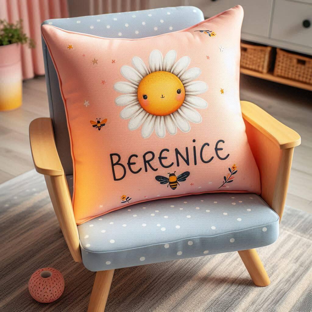 Joli coussin personnalisable avec le prenom berenice sur un fauteuil d enfant