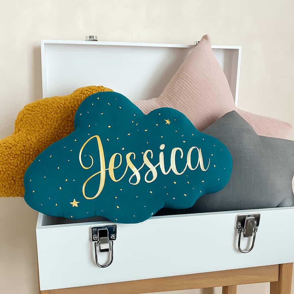 Joli coussin personnalise bleu avec ecrit jessica en dore cadeau petite fille