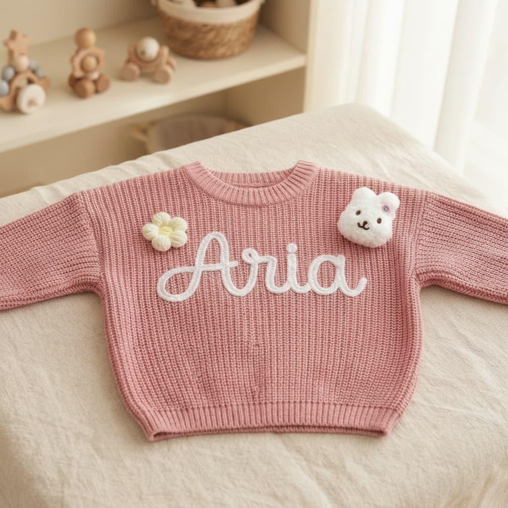 Pull artisanal vieux rose brodé au prénom Aria