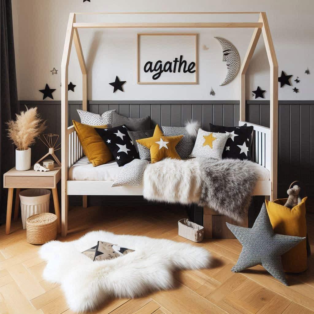 Jolie chambre de petite fille qui se nomme agathe ecrit en francais avec un lit cabane un tapis de fourrure style scandinave coussins en forme d etoiles coussins en forme de lune a