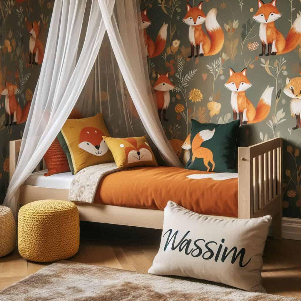 Jolie chambre enfant decoration renard lit ciel de lit personnalise avec le prenom wassim