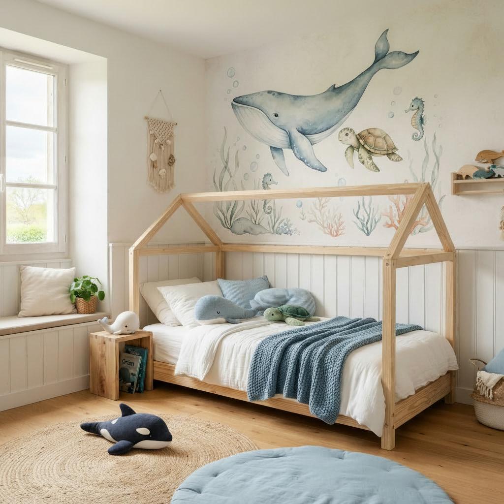 Jolie chambre enfant decoree sur le theme de l ocean avec fresque murale aquarelle de baleine tortue et hippocampe lit cabane en bois clair et tons bleu lagon dans un style minimal