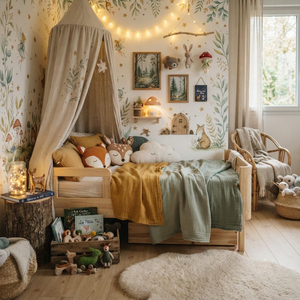 Jolie chambre enfant foret enchantee avec lit en bois canopy arbre et lanternes lumineuses