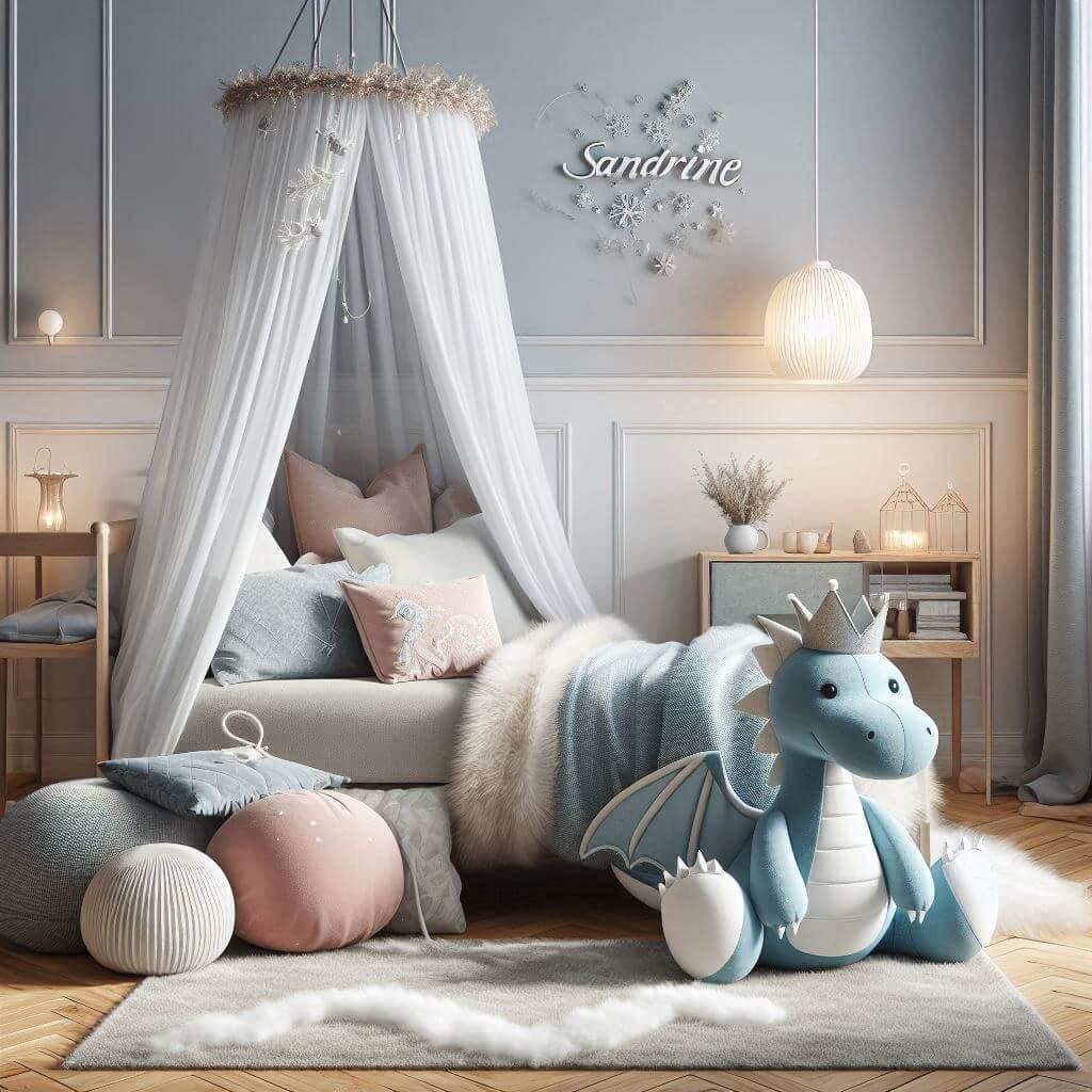 Jolie chambre pour fille couleur bleu pastel et rose poudre peluche dragon prenom sandrine