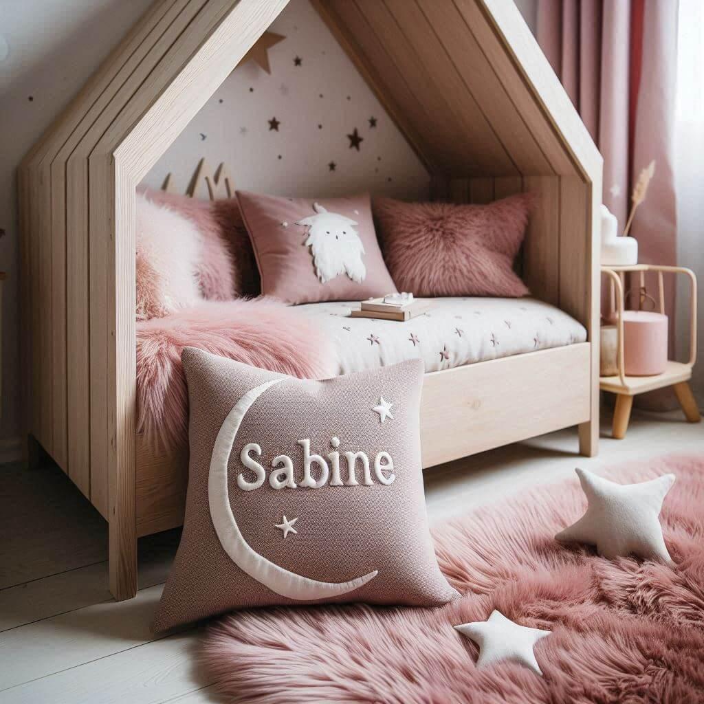 Jolie chambre scandinave dans les tons roses personnalisee avec le prenom sabine