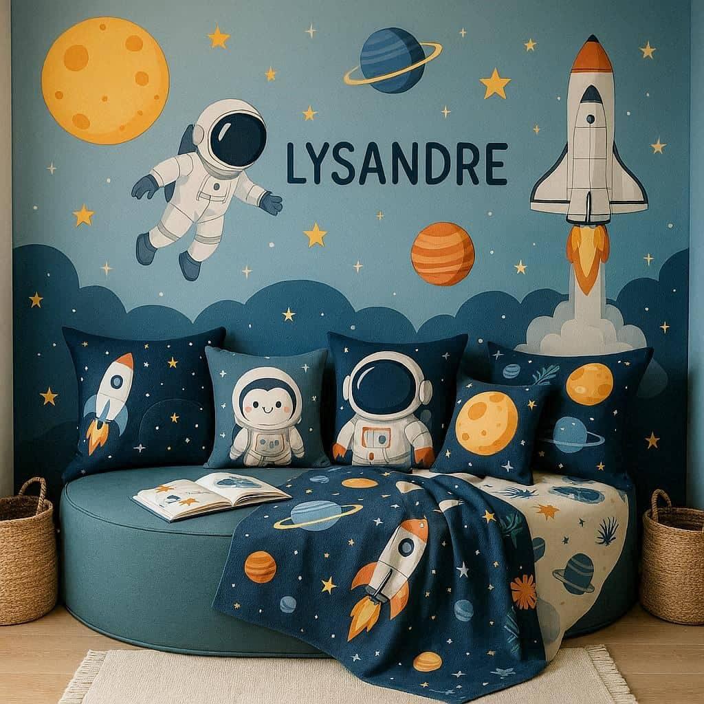 Jolie decoration de chambre pour enfant avec le prenom lysandre theme astronaute coin detente