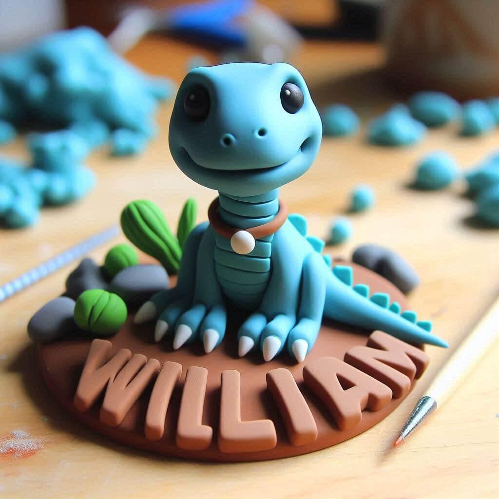 Jolie figurine en fimo d un petit dinosaure personnalise avec le prenom william