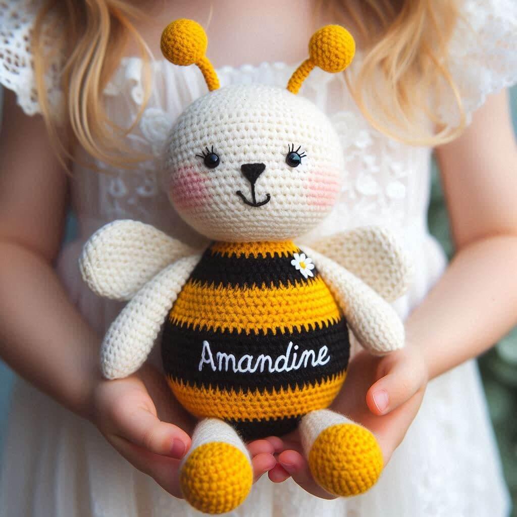 Jolie peluche abeille au crochet avec le prenom amandine