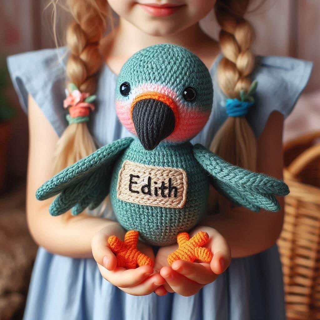 Jolie peluche perroquet en tricotin avec le prenom edith