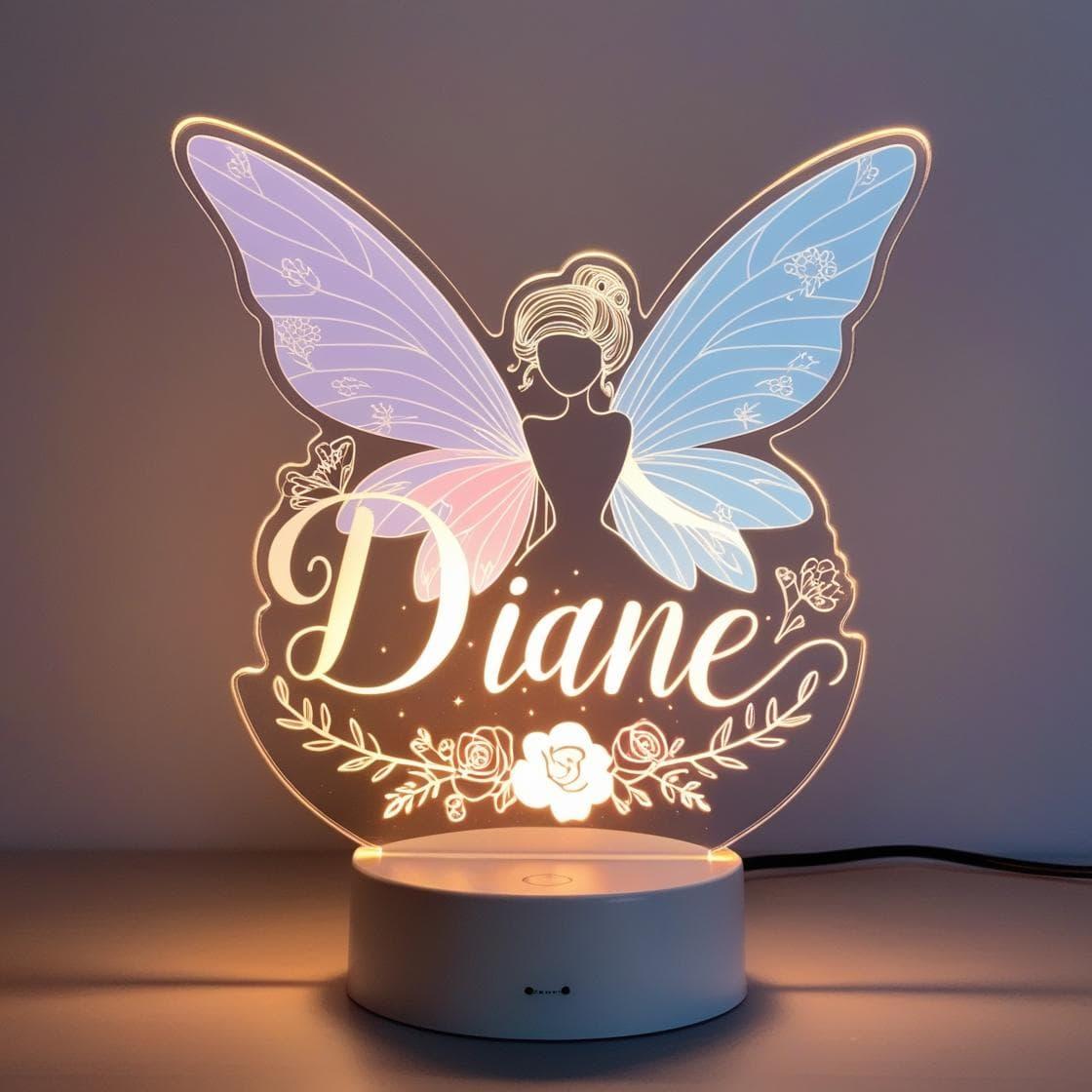 Jolie veilleuse acrylique avec le prenom diane theme fee