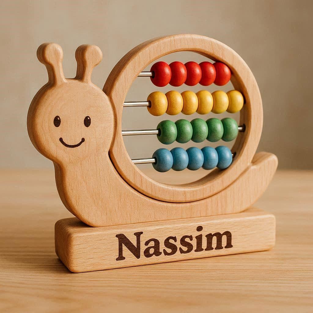 Jouet en bois à tirer en forme d’escargot, cadeau d’anniversaire idéal pour bébé, personnalisable avec le prénom Nassim