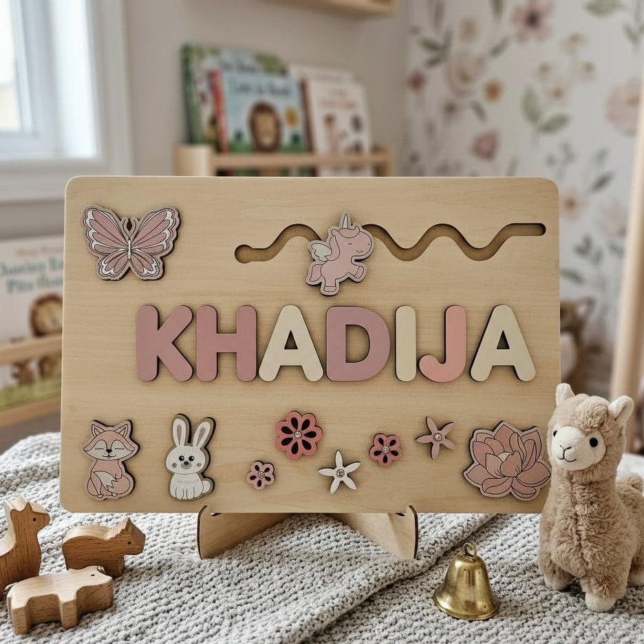 Puzzle Montessori personnalisé au prénom Khadija avec animaux en bois