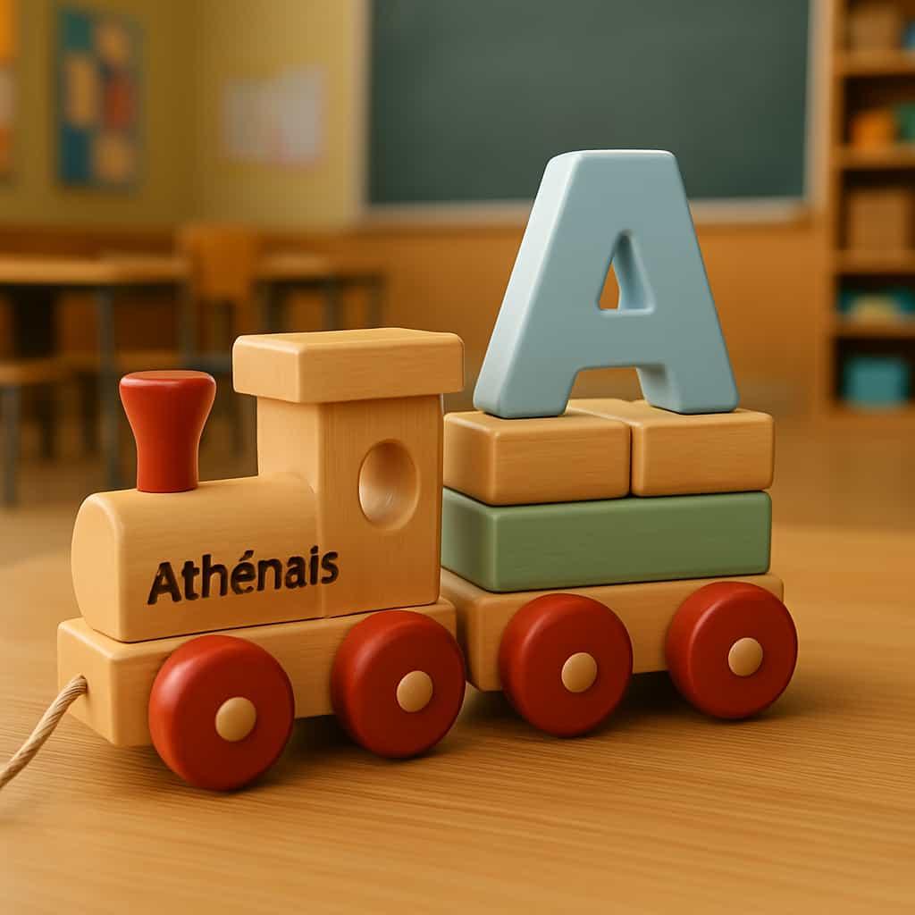 Jouet en bois train personnalise avec le prenom athenais