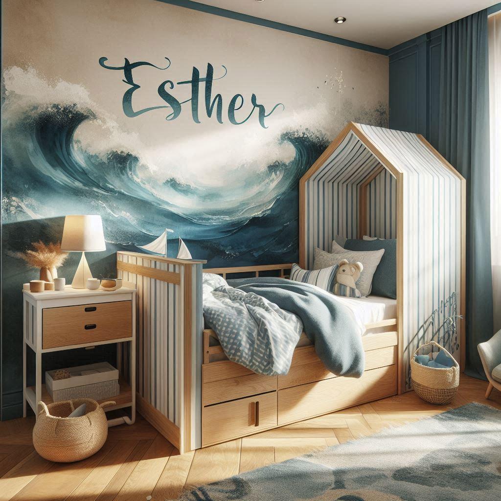 Chambre d'Esther inspirée de l'océan, palette apaisante de bleu profond, blanc sable et bois clair, mur en papier peint aquarelle avec vagues douces, lit cabane façon bateau.