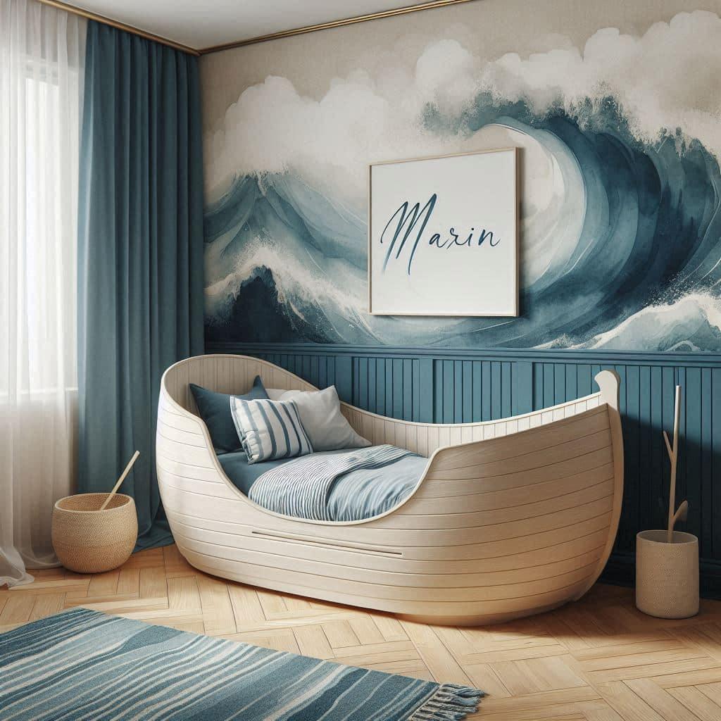 Chambre de Marin inspirée de l’océan avec palette bleu profond, blanc sable et bois clair, mur en papier peint aquarelle représentant des vagues douces