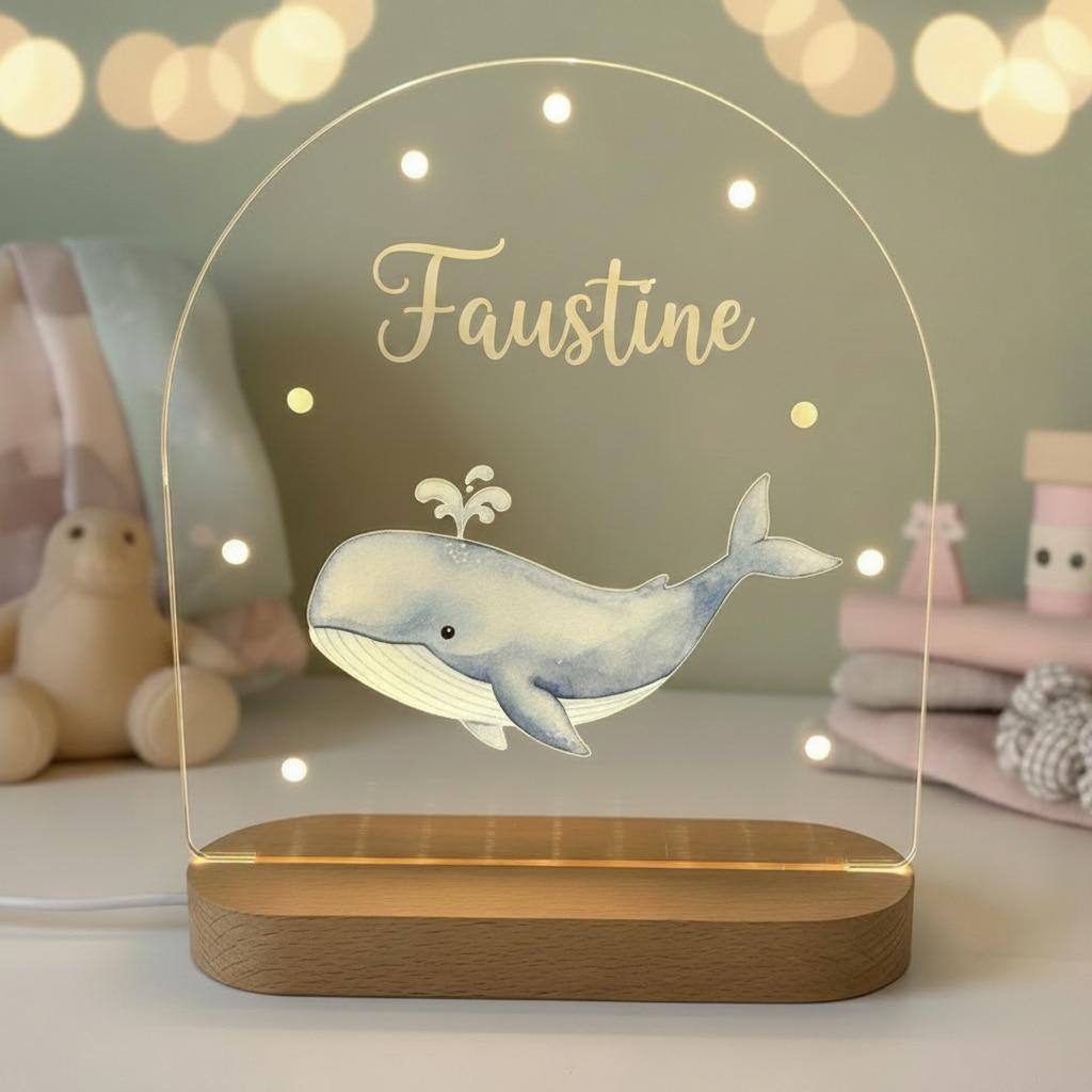Lampe acrylique personnalisée prénom Faustine modèle baleine thème mer