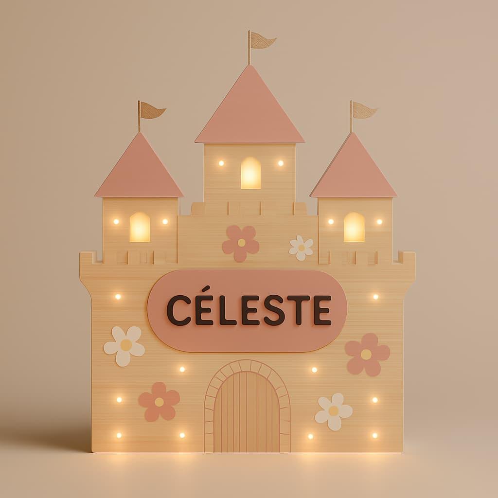 Lampe originale theme chateau de princesse en bois prenom celeste