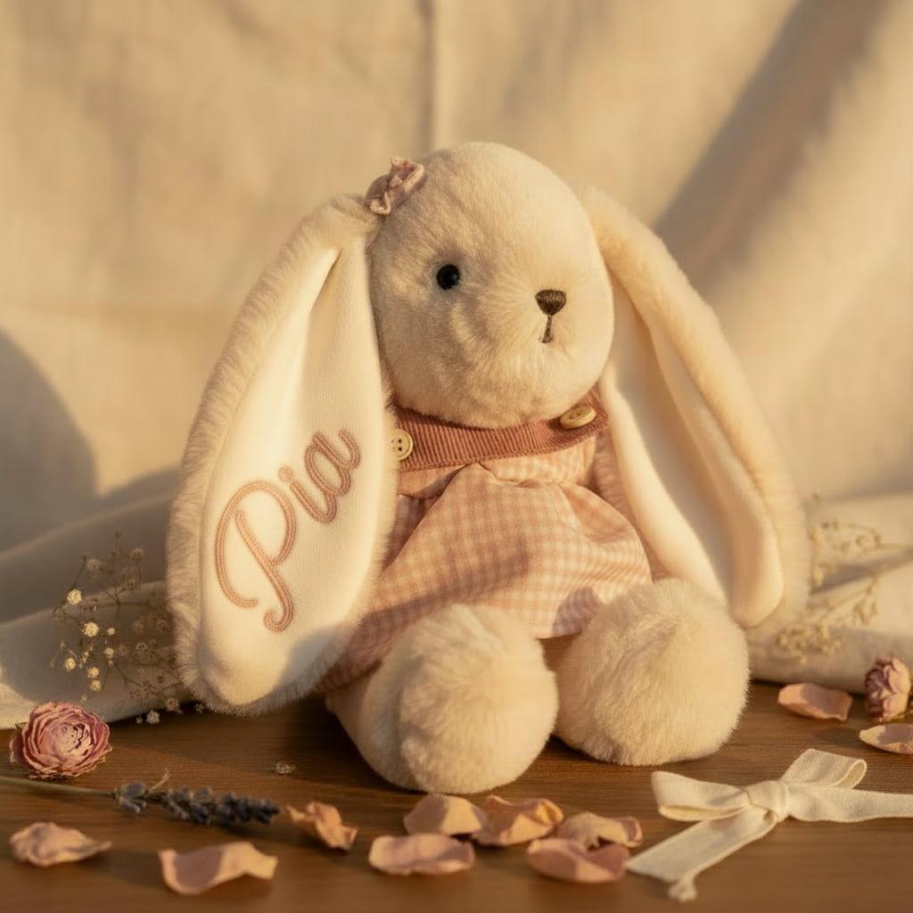 Lapin en peluche avec oreille brodée au prénom Pia