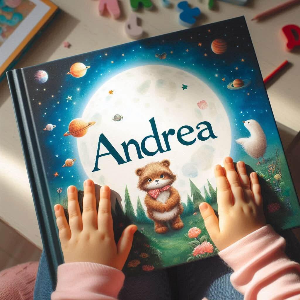 Le prenom andrea ecrit sur un livre de conte pour enfant