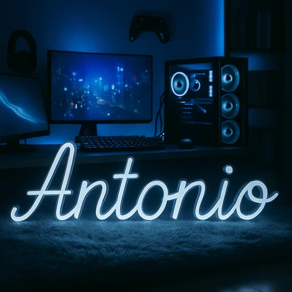 Le prenom antonio ecrit en lettres led neon couleur bleue