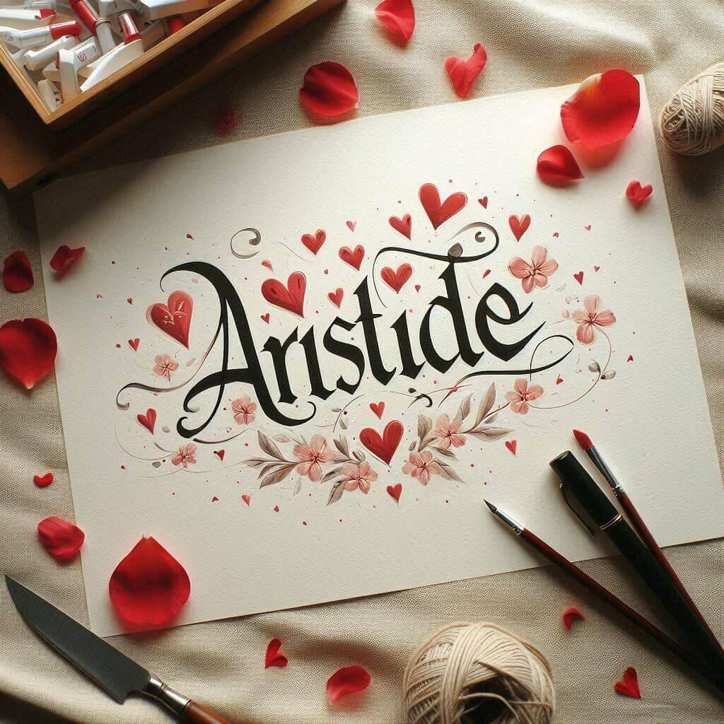 Le prenom aristide ecrit en calligraphie sur un papier avec des c urs dessines